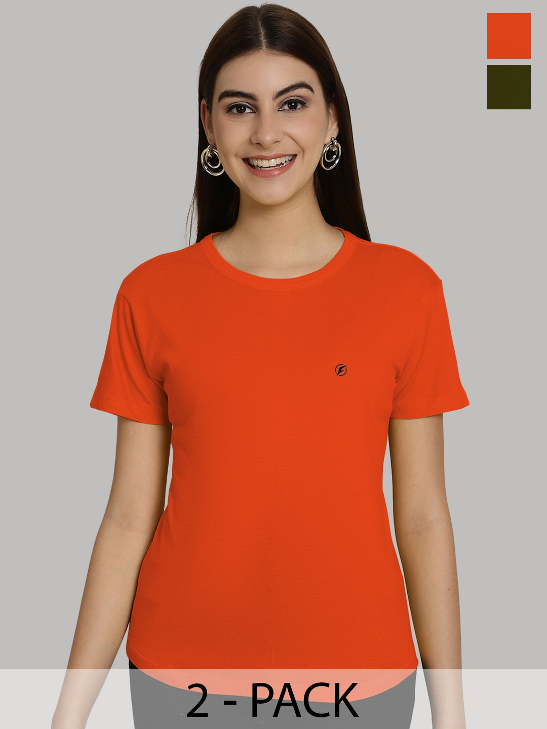 

Friskers Women Orange & Olive Green 2 Slim Fit T-shirt