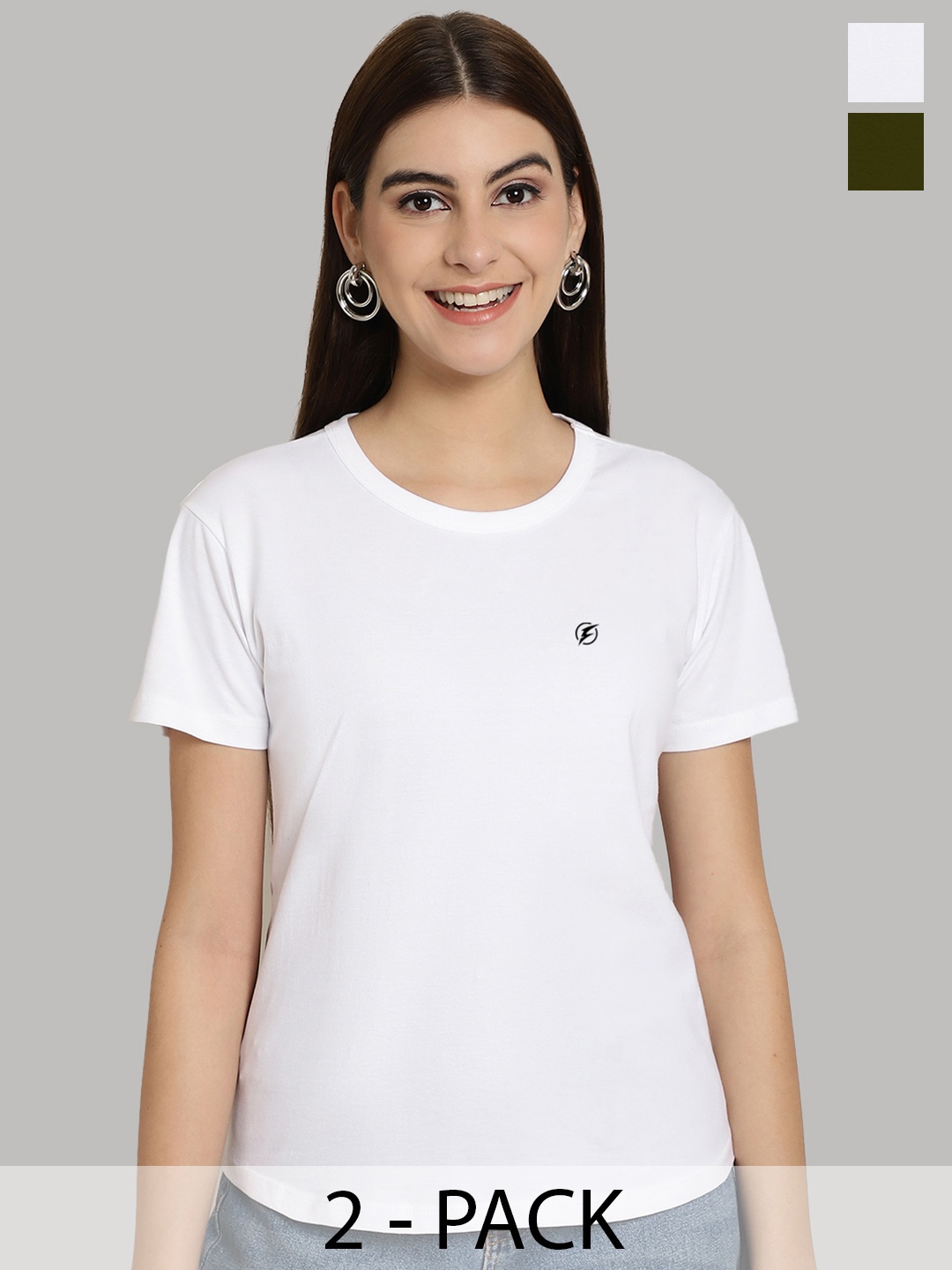 

Friskers Women White & Olive Green 2 Slim Fit T-shirt