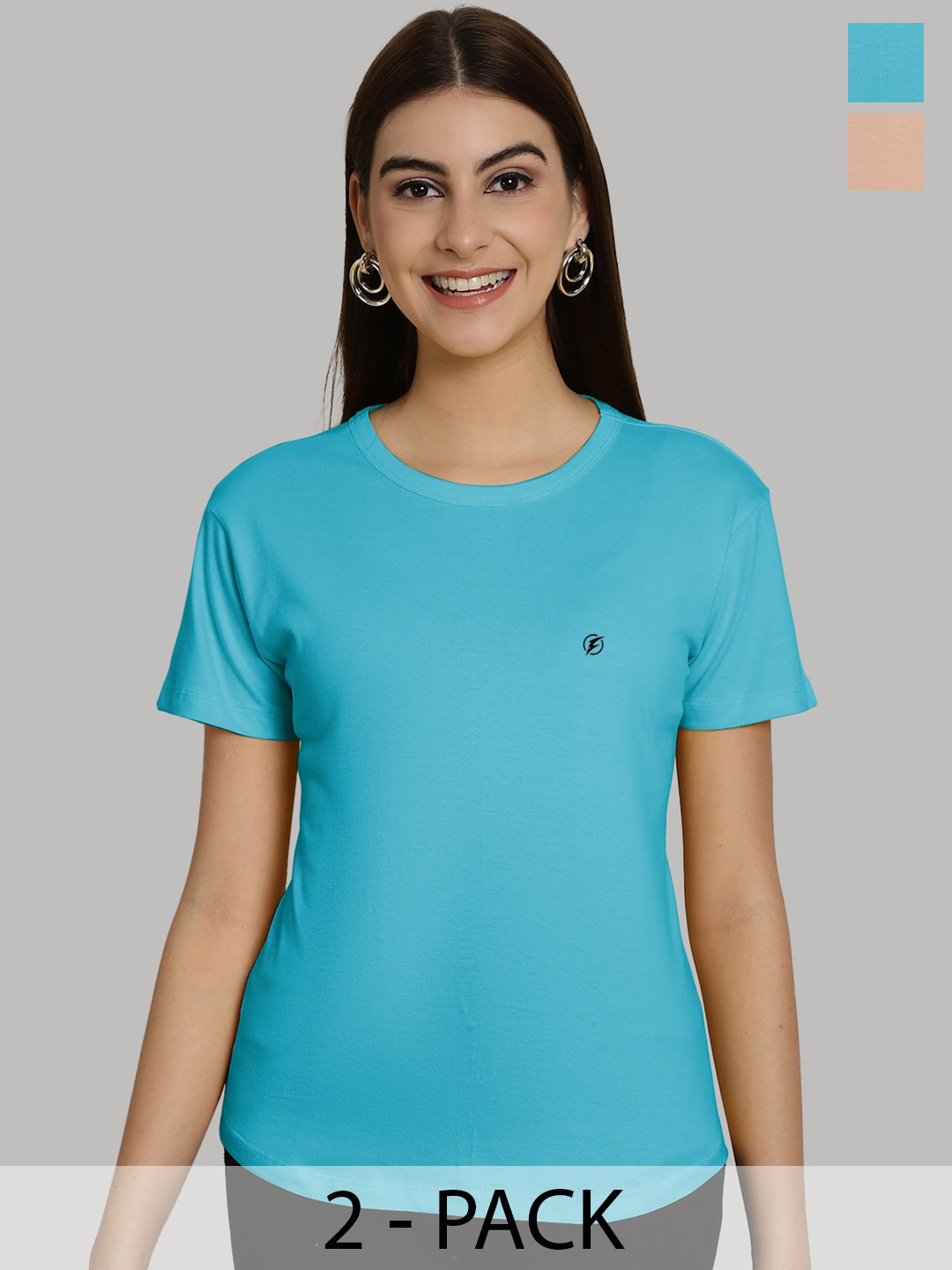 Friskers Women Turquoise Blue & Coral 2 Slim Fit T-shirt