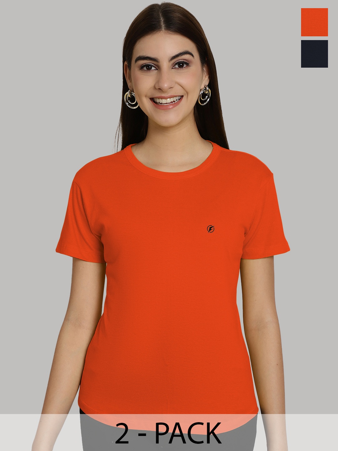 

Friskers Women Orange & Navy Blue 2 Slim Fit T-shirt