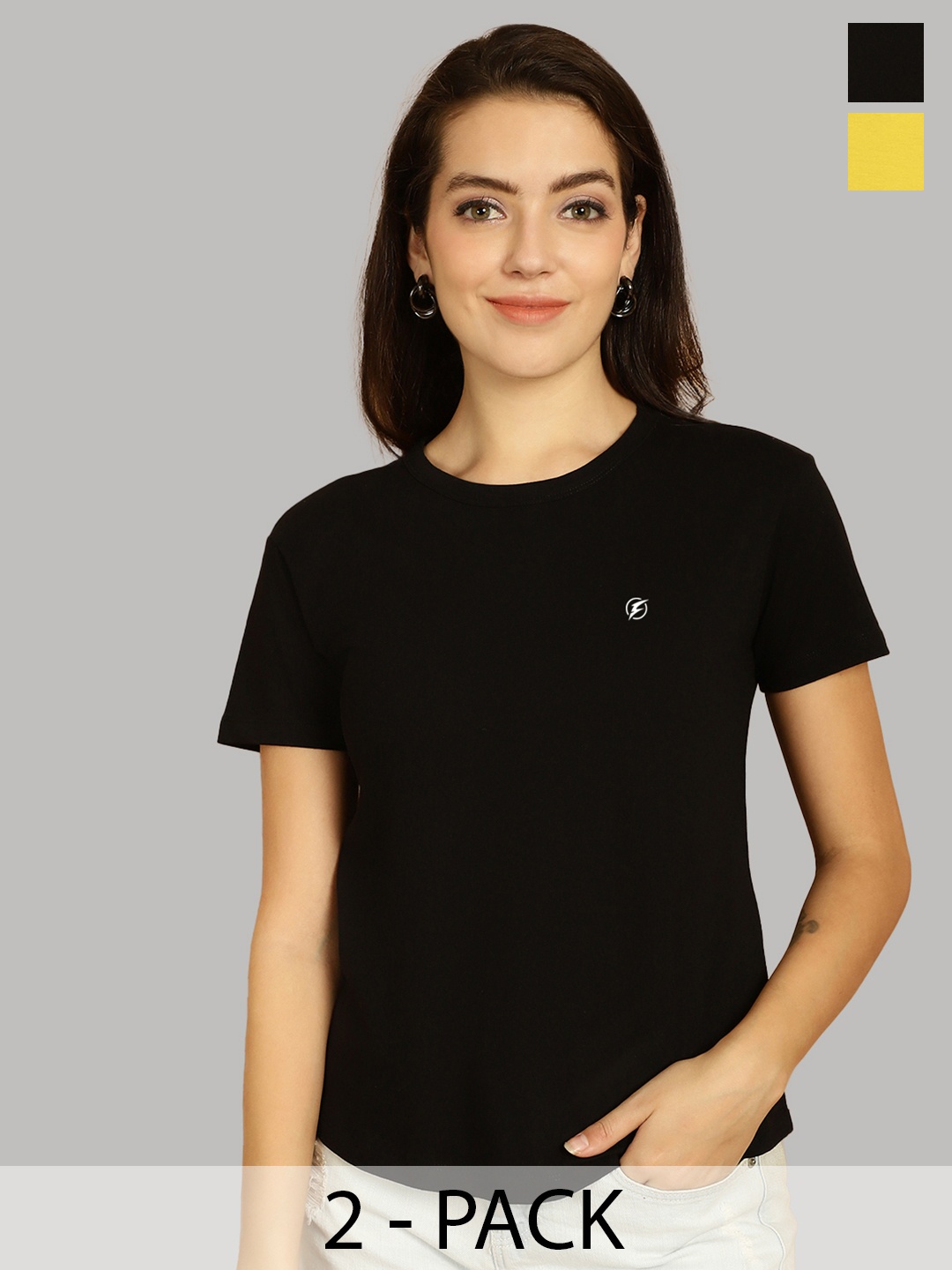 

Friskers Women Black & Yellow 2 Slim Fit T-shirt