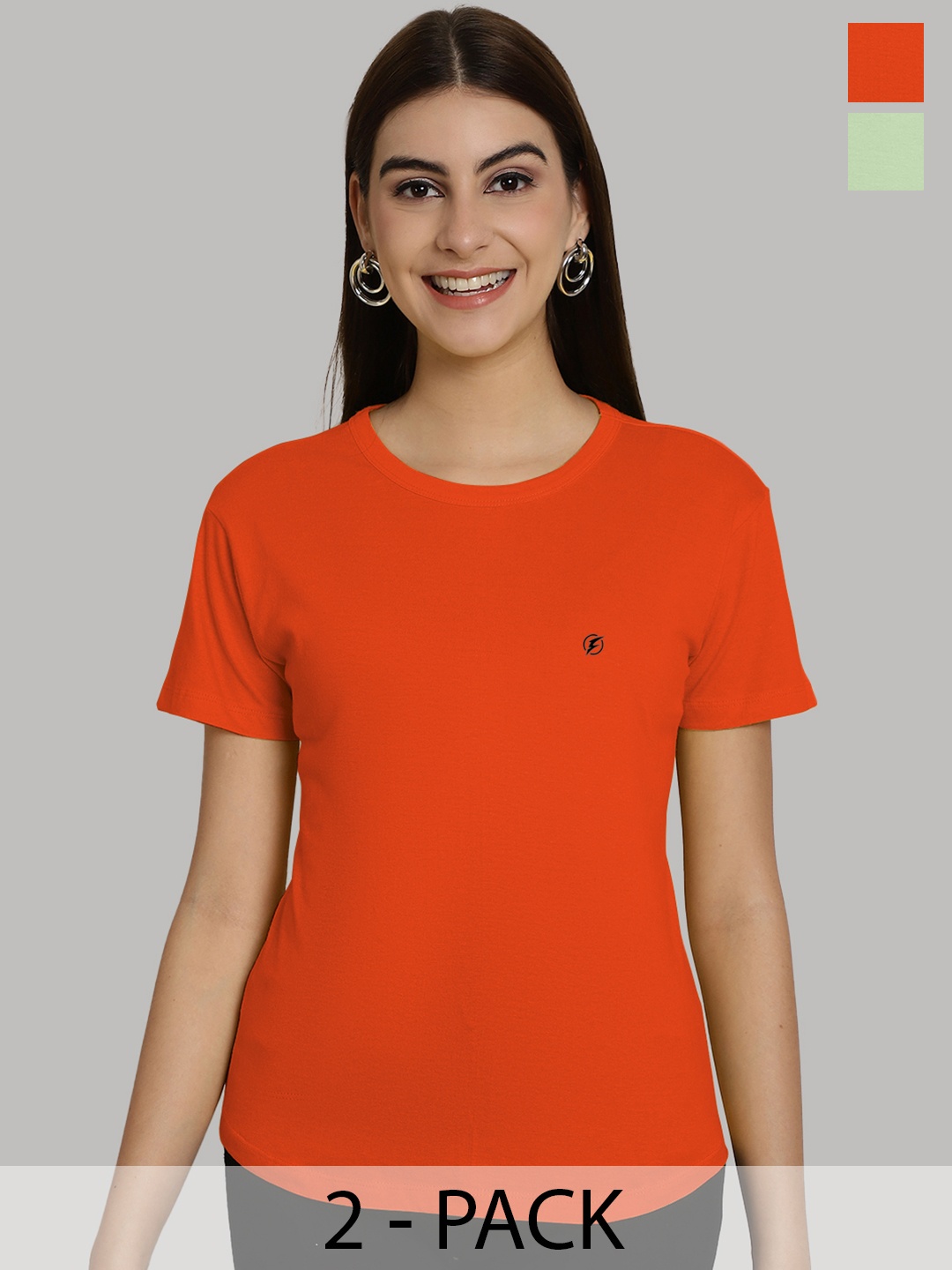 

Friskers Women Orange & Sea Green 2 Slim Fit T-shirt