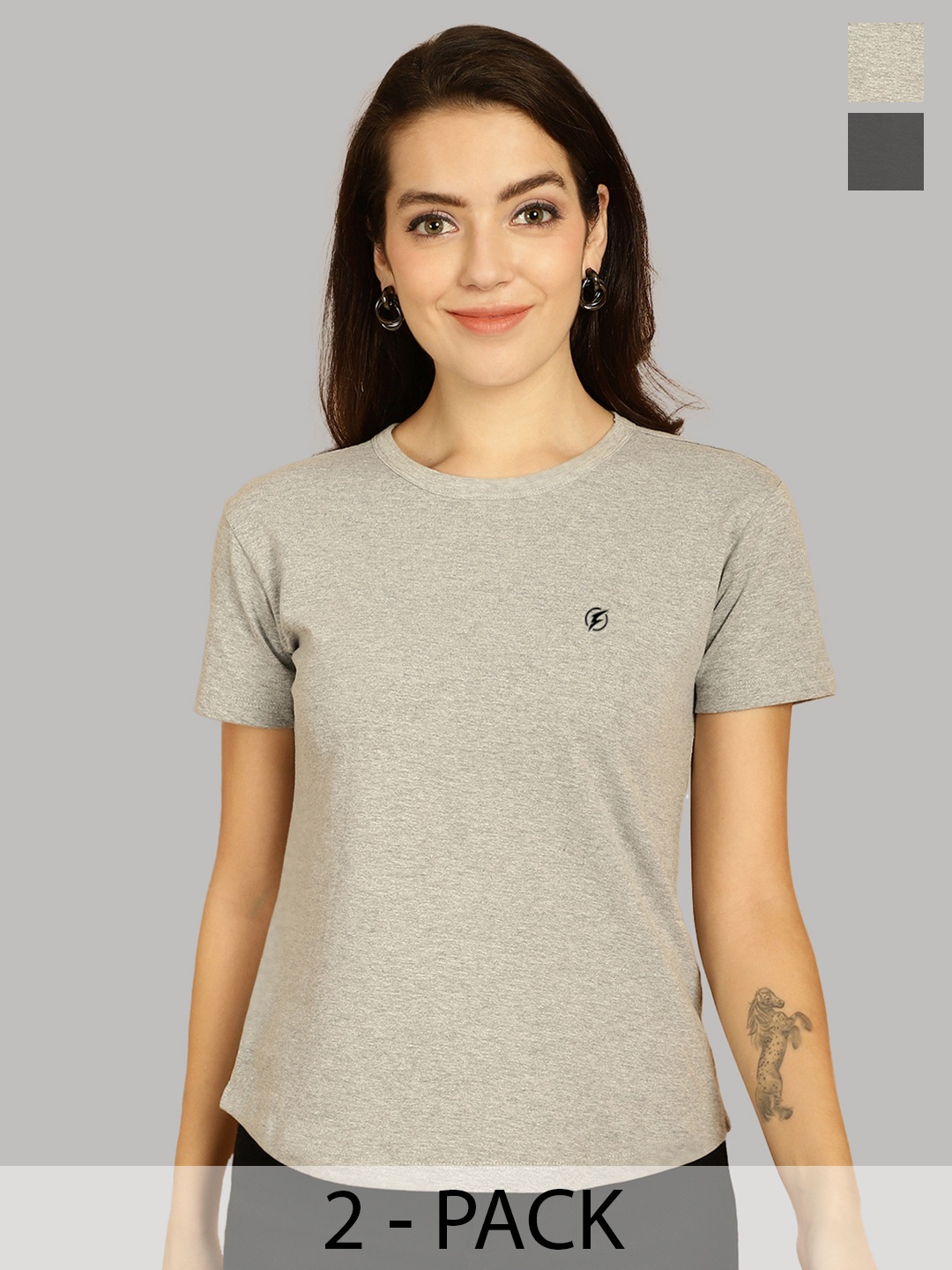 

Friskers Women Grey & Grey 2 Slim Fit T-shirt