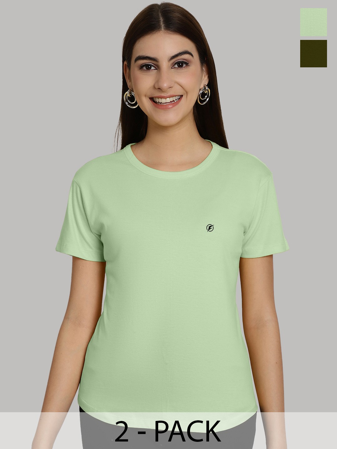 

Friskers Women Sea Green & Olive Green 2 Slim Fit T-shirt