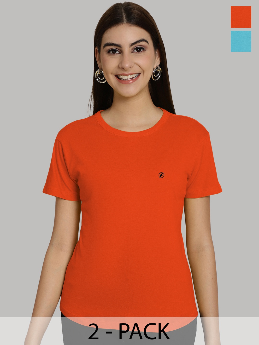 

Friskers Women Orange & Turquoise Blue 2 Slim Fit T-shirt