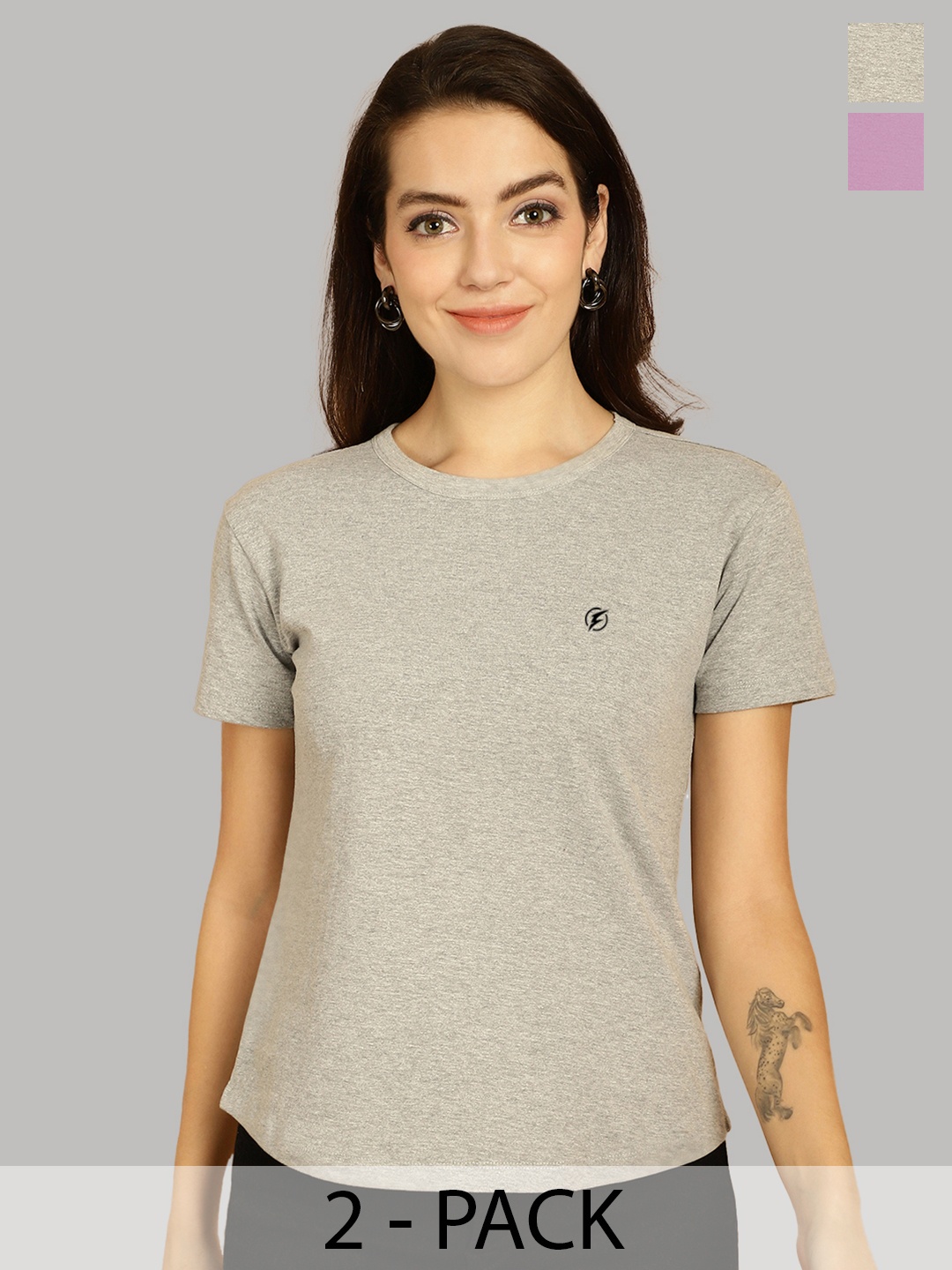 

Friskers Women Grey & Purple 2 Slim Fit T-shirt