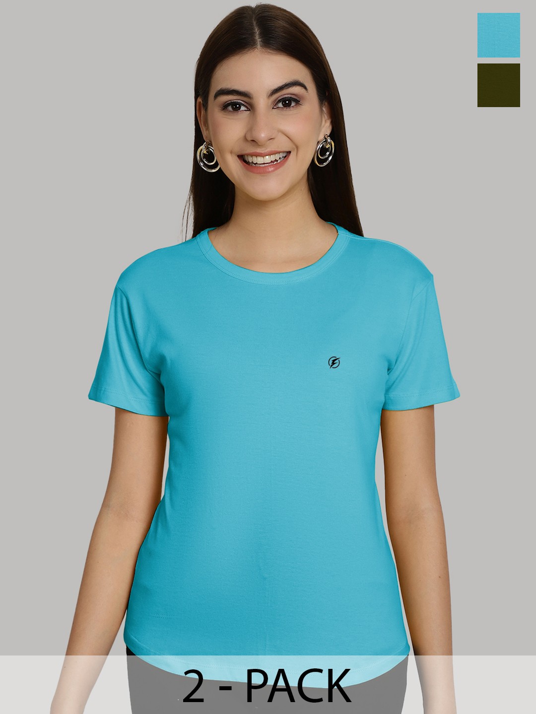 

Friskers Women Turquoise Blue & Olive Green 2 Slim Fit T-shirt