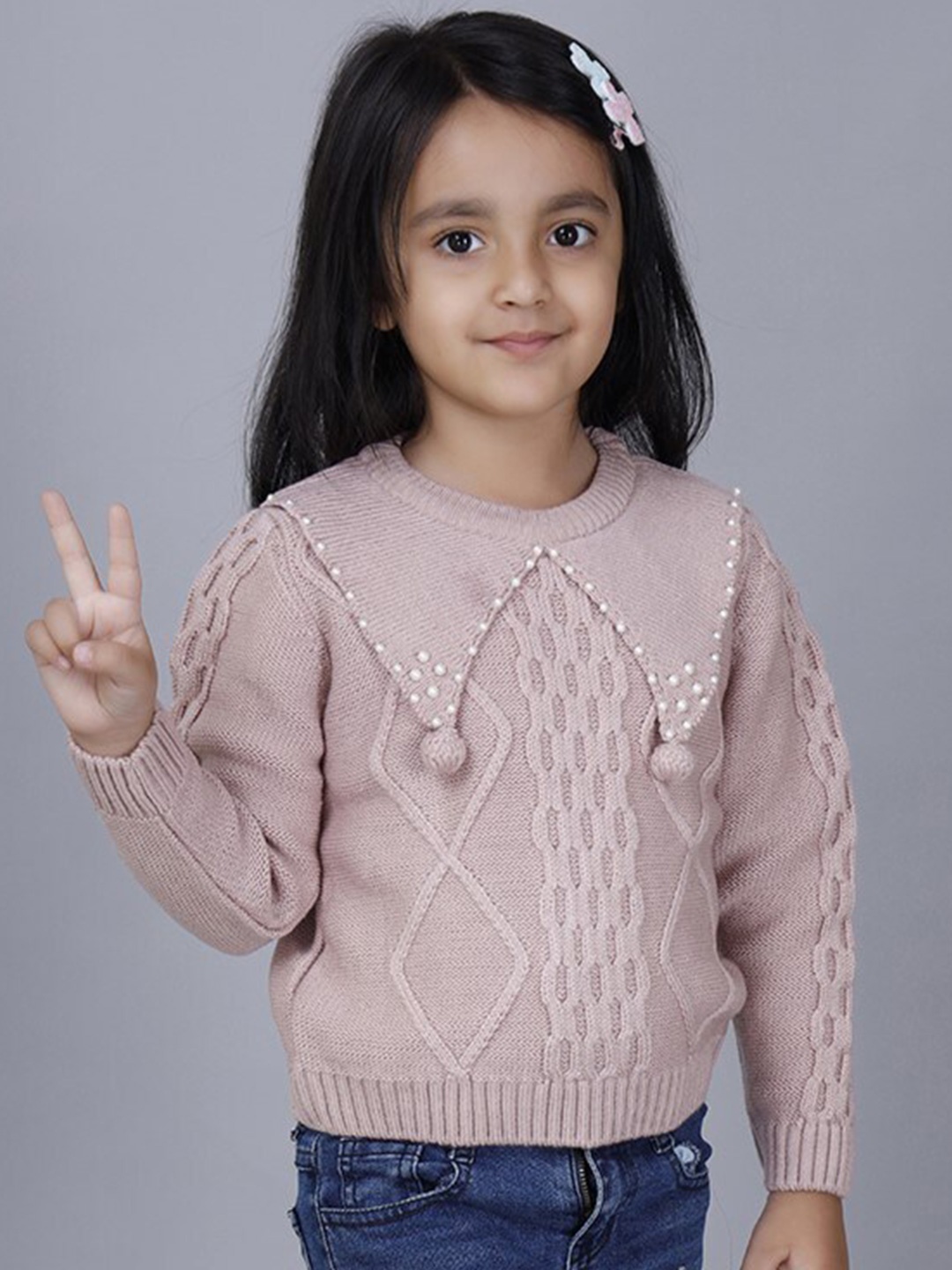 

JoE Hazel Girls Cable Knit Self Design Embellished Detail Acrylic Pullover, Pink