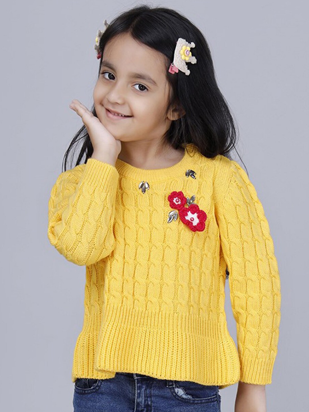 

JoE Hazel Girls Cable Knit Self Design Embellished Detail Acrylic Pullover, Yellow