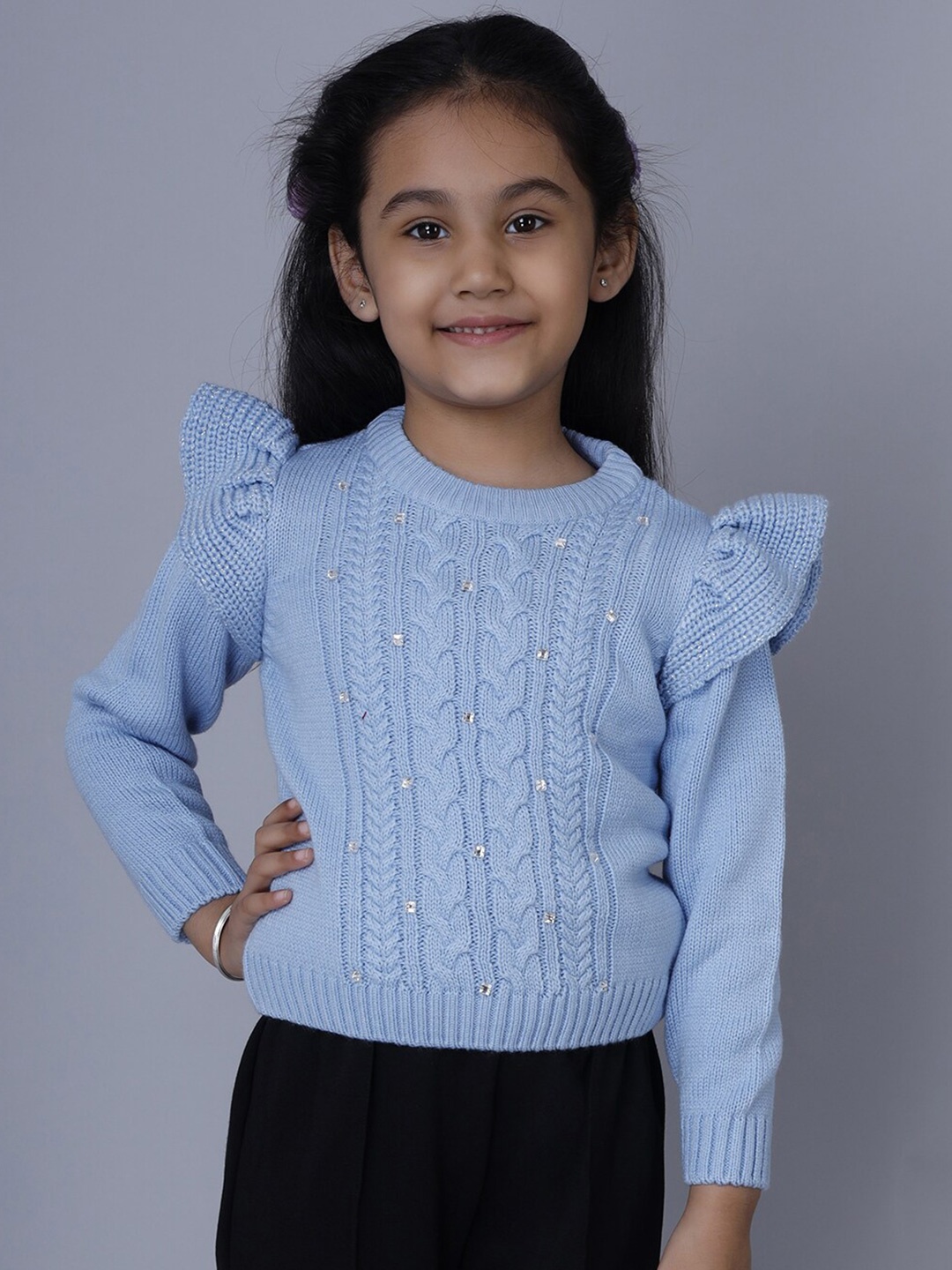 

JoE Hazel Girls Cable Knit Self Design Embellished Detail Acrylic Pullover, Blue