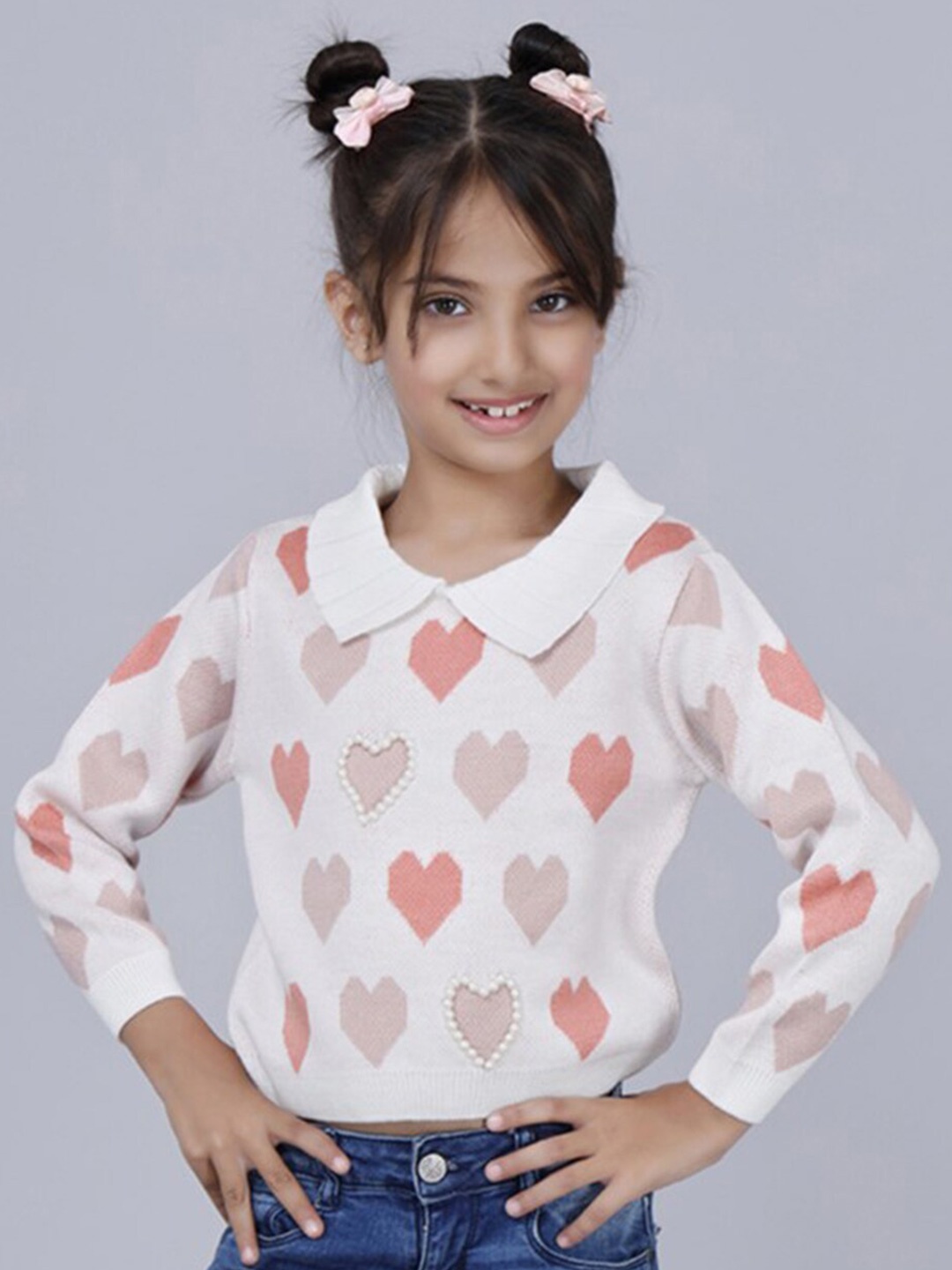 

JoE Hazel Girls Geometric Self Design Shirt Collar Embellished Detail Acrylic Pullover, White