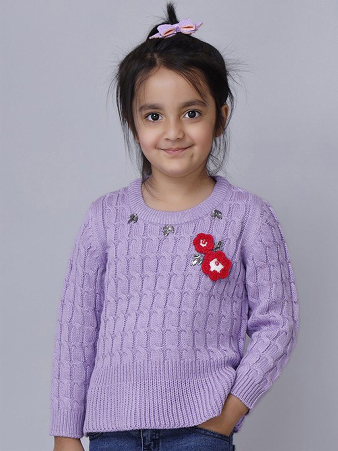 

JoE Hazel Girls Cable Knit Self Design Embellished Detail Acrylic Pullover, Lavender