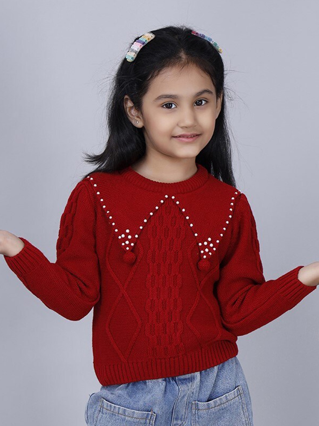 

JoE Hazel Girls Cable Knit Self Design Embellished Detail Acrylic Pullover, Red