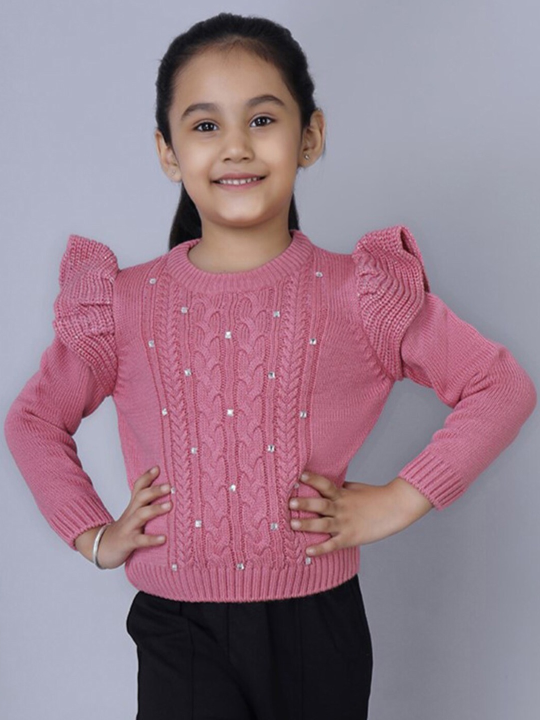 

JoE Hazel Girls Cable Knit Self Design Pullover Sweater, Pink