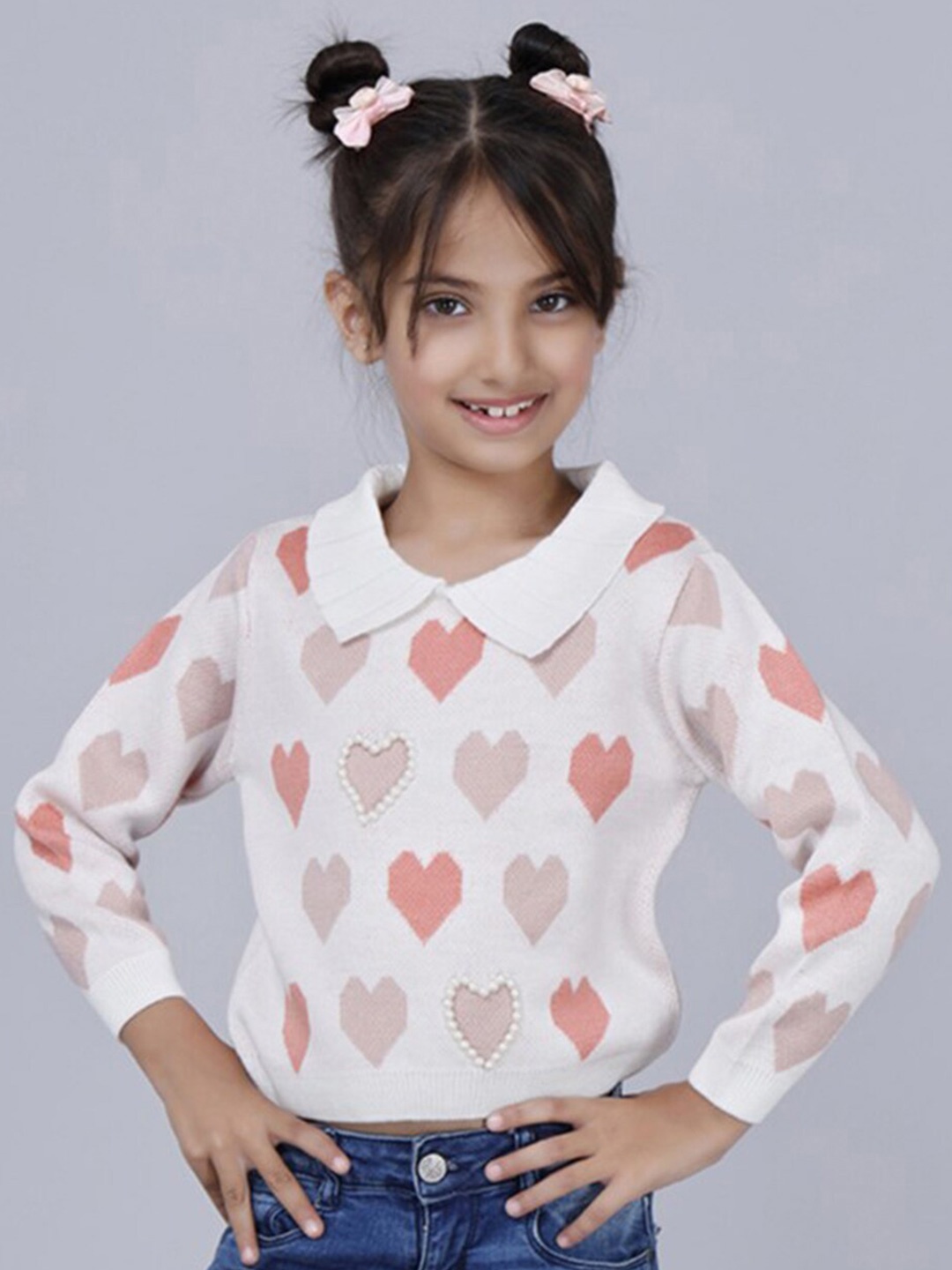 

JoE Hazel Girls Conversational Self Design Pullover Sweater, White
