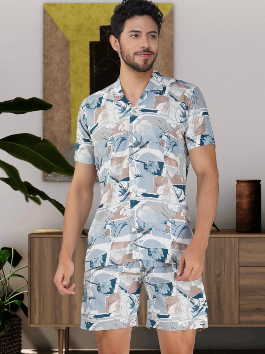 

BASE 41 Abstract Printed Shirt & Shorts, Blue