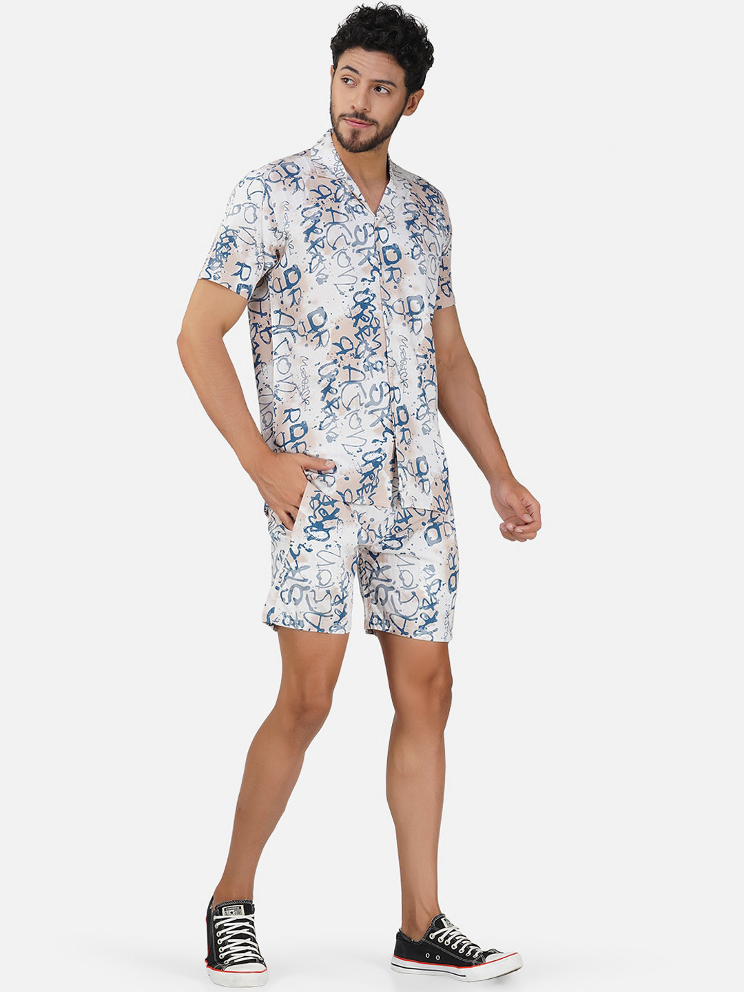 

BASE 41 Men Printed Shirt With Short Co-Ords Set, White