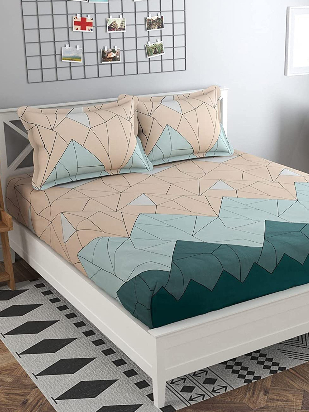 

THE HOME STYLE Pastel Green Cotton 300 TC Fitted King Bedsheet with 2 Pillow Covers, Blue