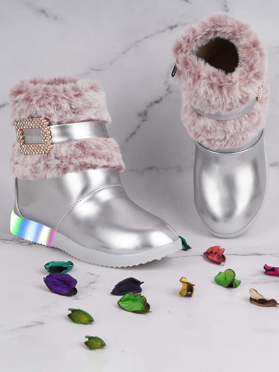 

BAESD Girls Buckle Embellished LED Light Detail Faux Fur Trim Mid-Top Winter Boots, Silver