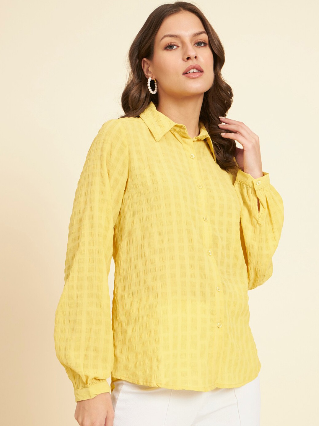 

HERE&NOW Grid Tattersall Checked Spread Collar Shirt, Yellow