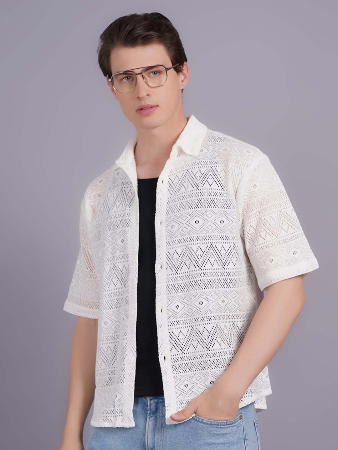

SIGHTBOMB Smart Textured Self Design Short Sleeves Semi Sheer Cotton Party Shirt, White