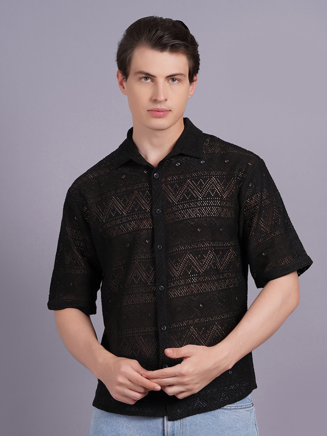 

SIGHTBOMB Self Design Smart Semi Sheer Cotton Casual Crochet Shirt, Black