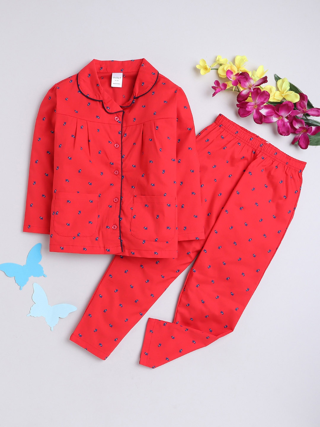 

MANET Girls Conversational Printed Shirt & Pyjama, Red