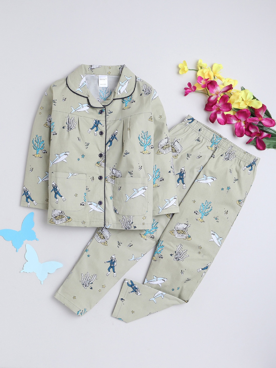 

MANET Girls Conversational Printed Shirt & Pyjama, Green