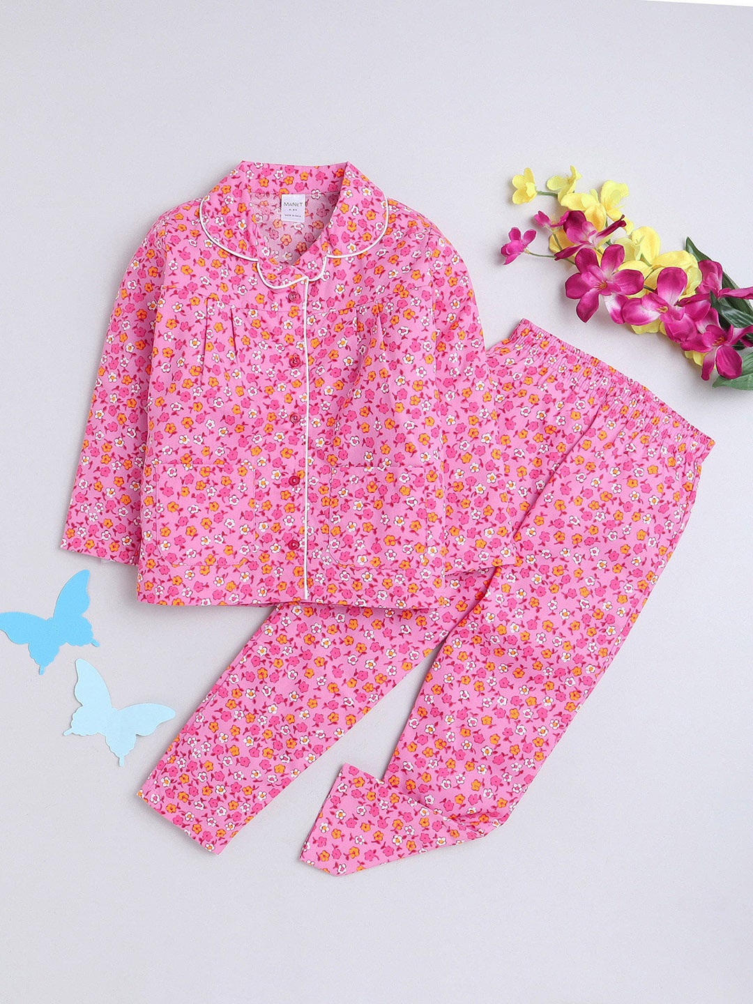 

MANET Girls Floral Printed Shirt & Pyjama, Pink