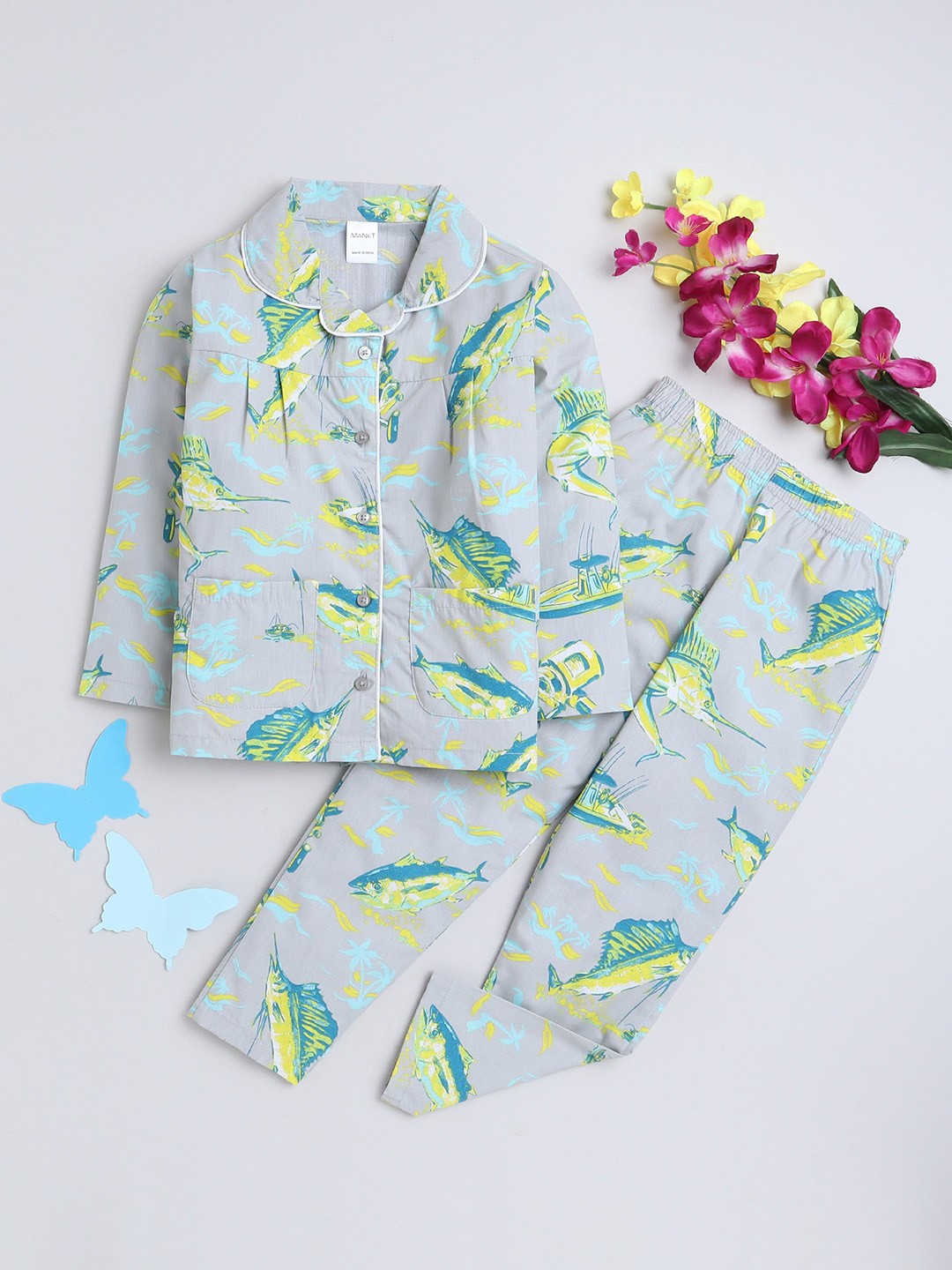 

MANET Girls Conversational Printed Shirt & Pyjama, Grey
