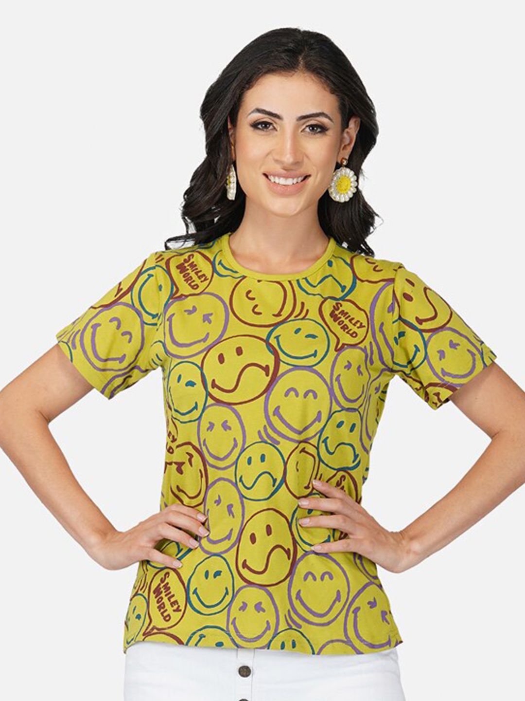 

BASE 41 Conversational Printed Slim Fit Pure Cotton T-shirt, Yellow