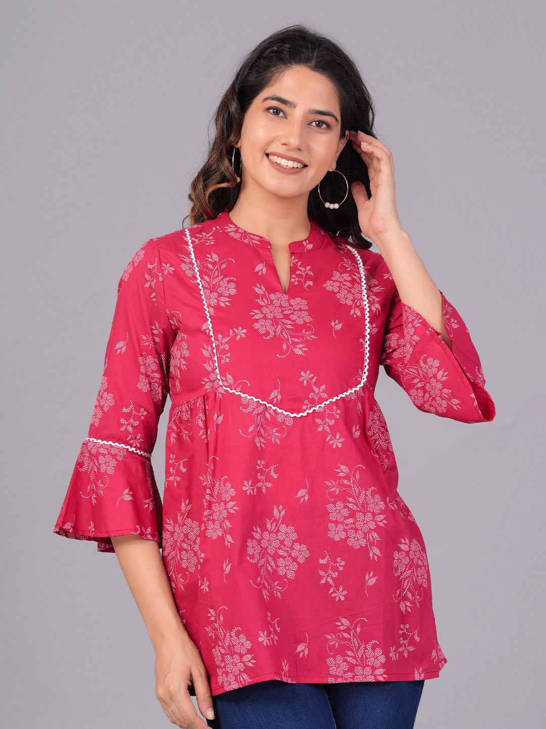 

The Kurta Express Floral Printed Mandarin Collar Pure Cotton Tunics, Red