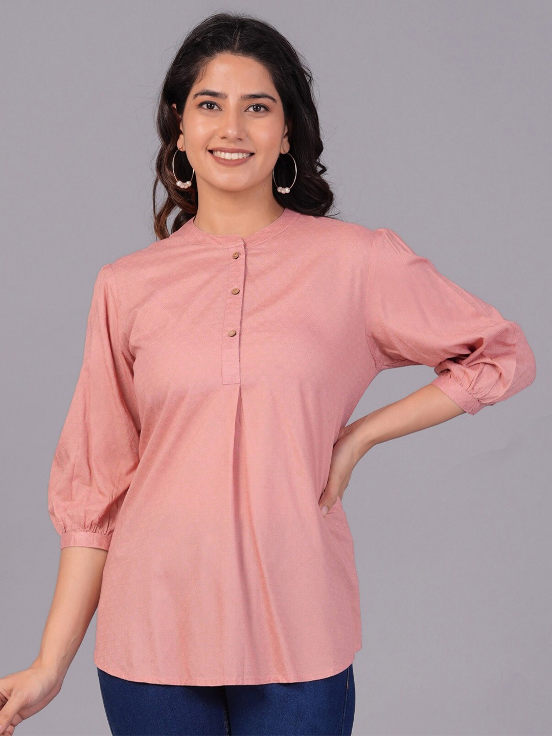 

The Kurta Express Mandarin Collar Puff Sleeves Tunic, Peach