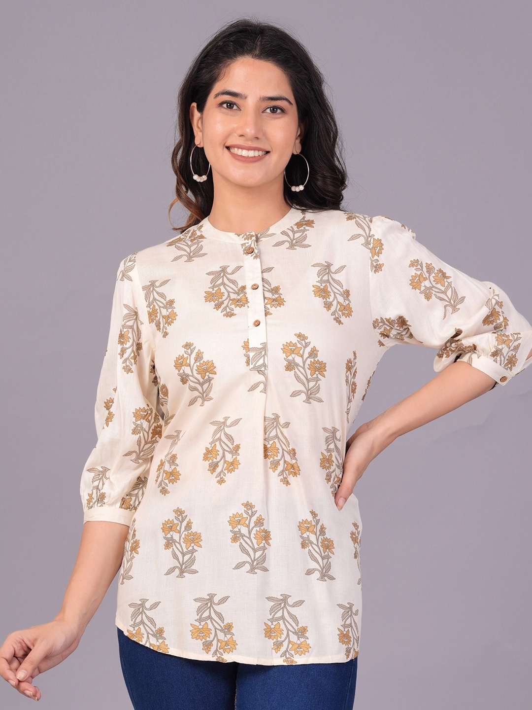 

The Kurta Express Floral Printed Mandarin Collar Tunic, Cream