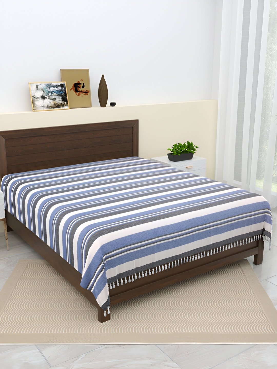 

Homez Sparrow Blue Striped Cotton 210 TC King Bedsheet with Pillow Covers