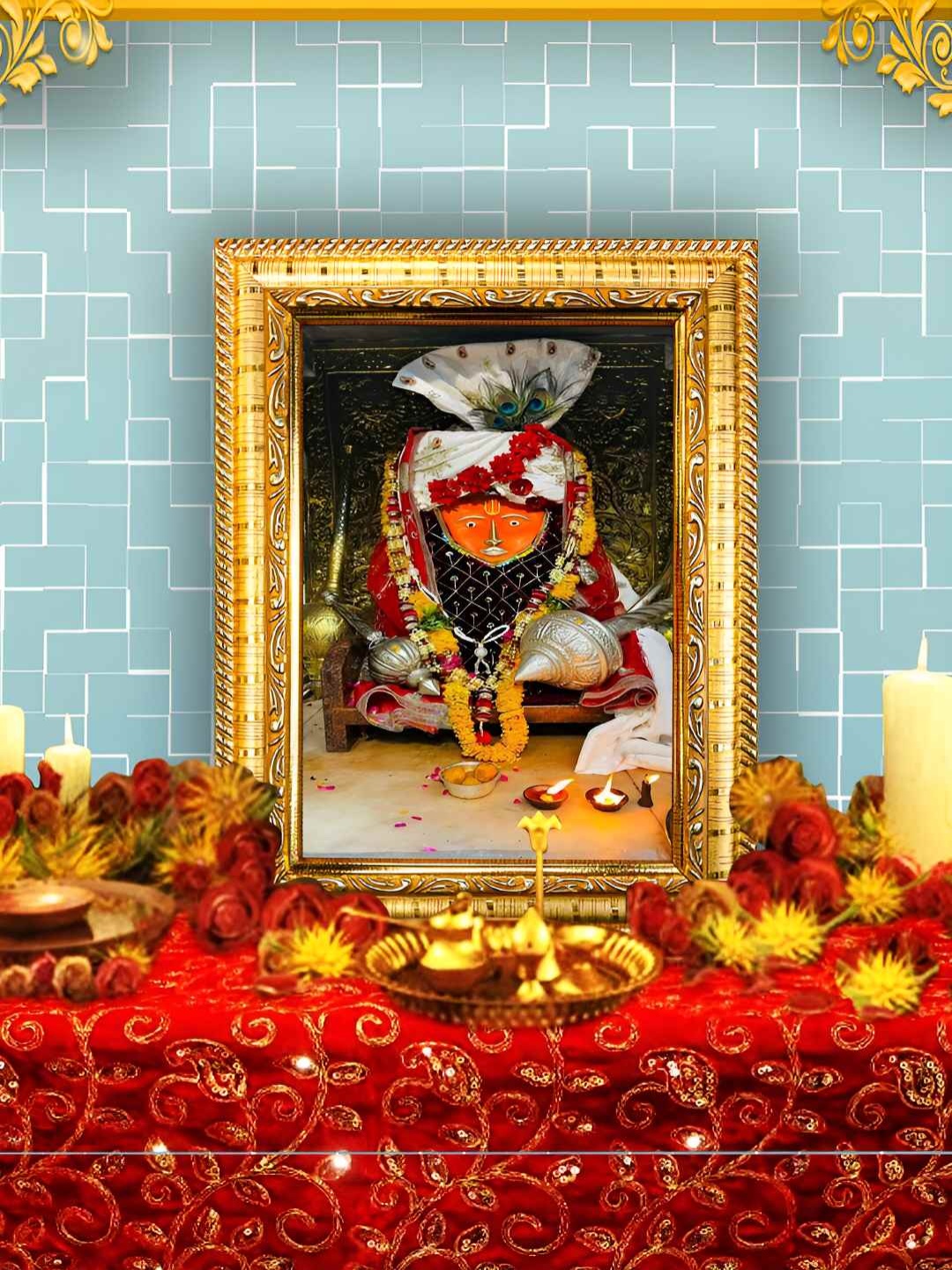 

Hawai Gold-Toned & Orange Bageshwar Dham Balaji Hanuman Wooden Wall Photo Frame