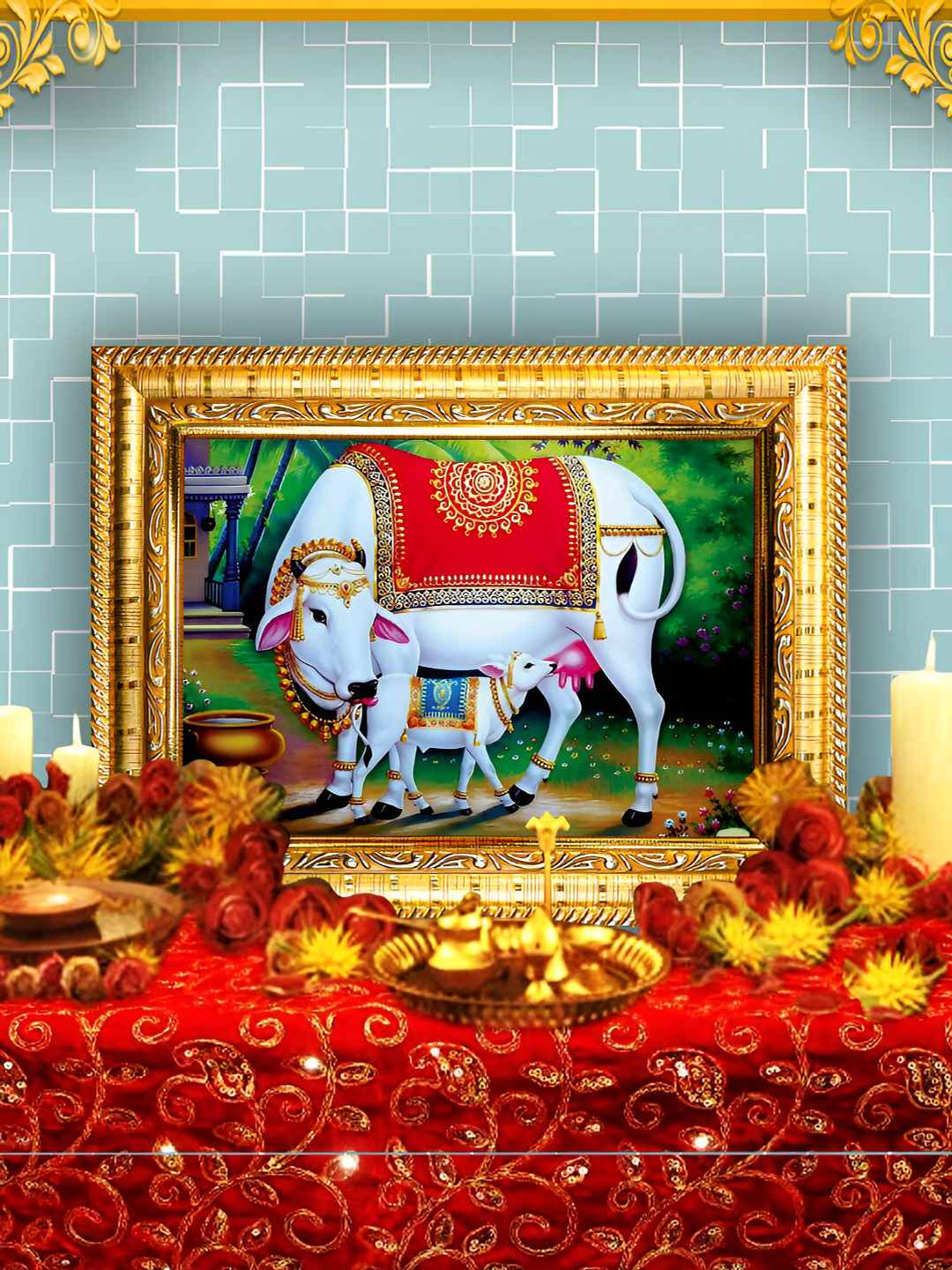 

Hawai Gold-Toned & Green Kamdhenu Cow Wooden Wall Photo Frames