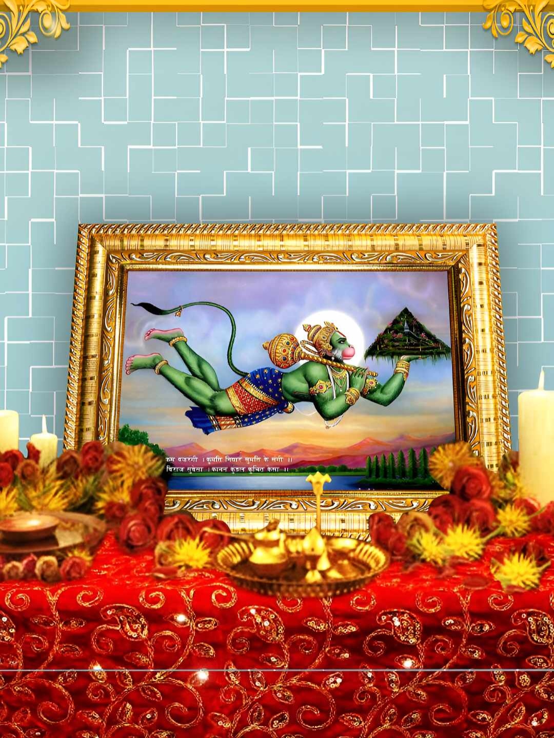 

Hawai Gold-Toned & Blue Lord Hanuman with Sanjeevani Parvat Wooden Wall Photo Frame