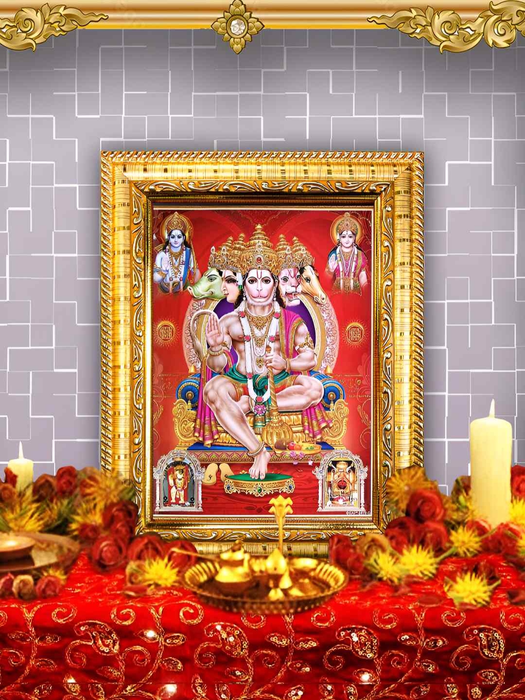 

Hawai Gold-Toned & Red Panchmukhi Hanuman Wooden Wall Photo Frame