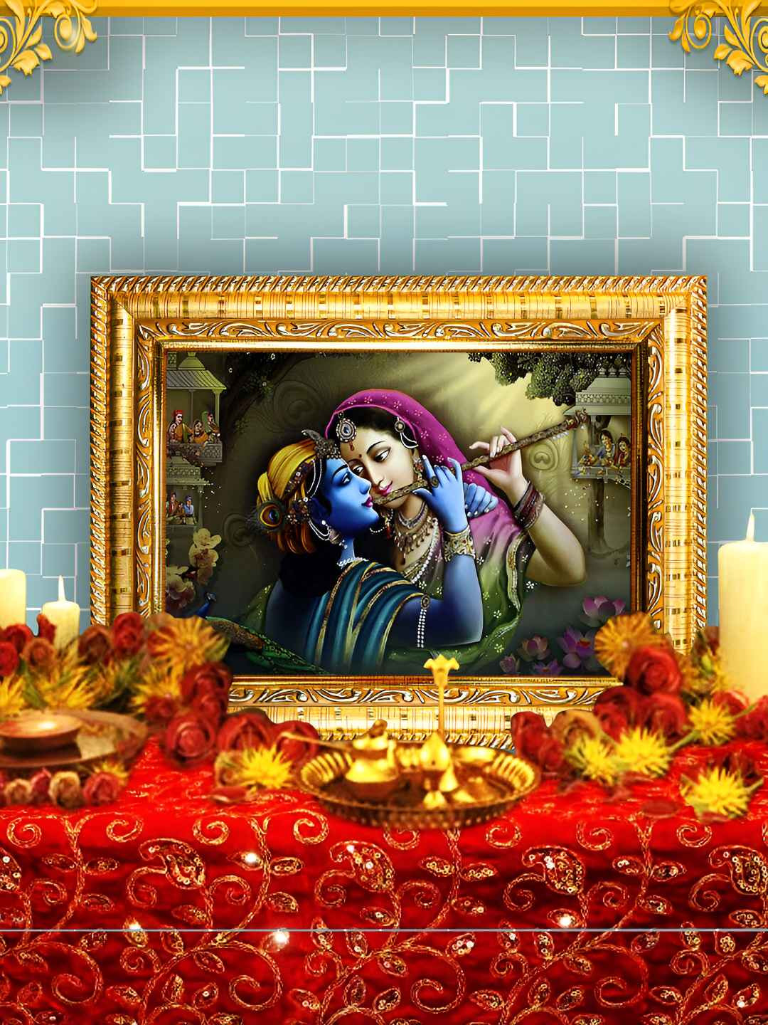 

Hawai Gold-Toned & Blue Radha Krishna Rectangle Wooded Wall Photo Frame