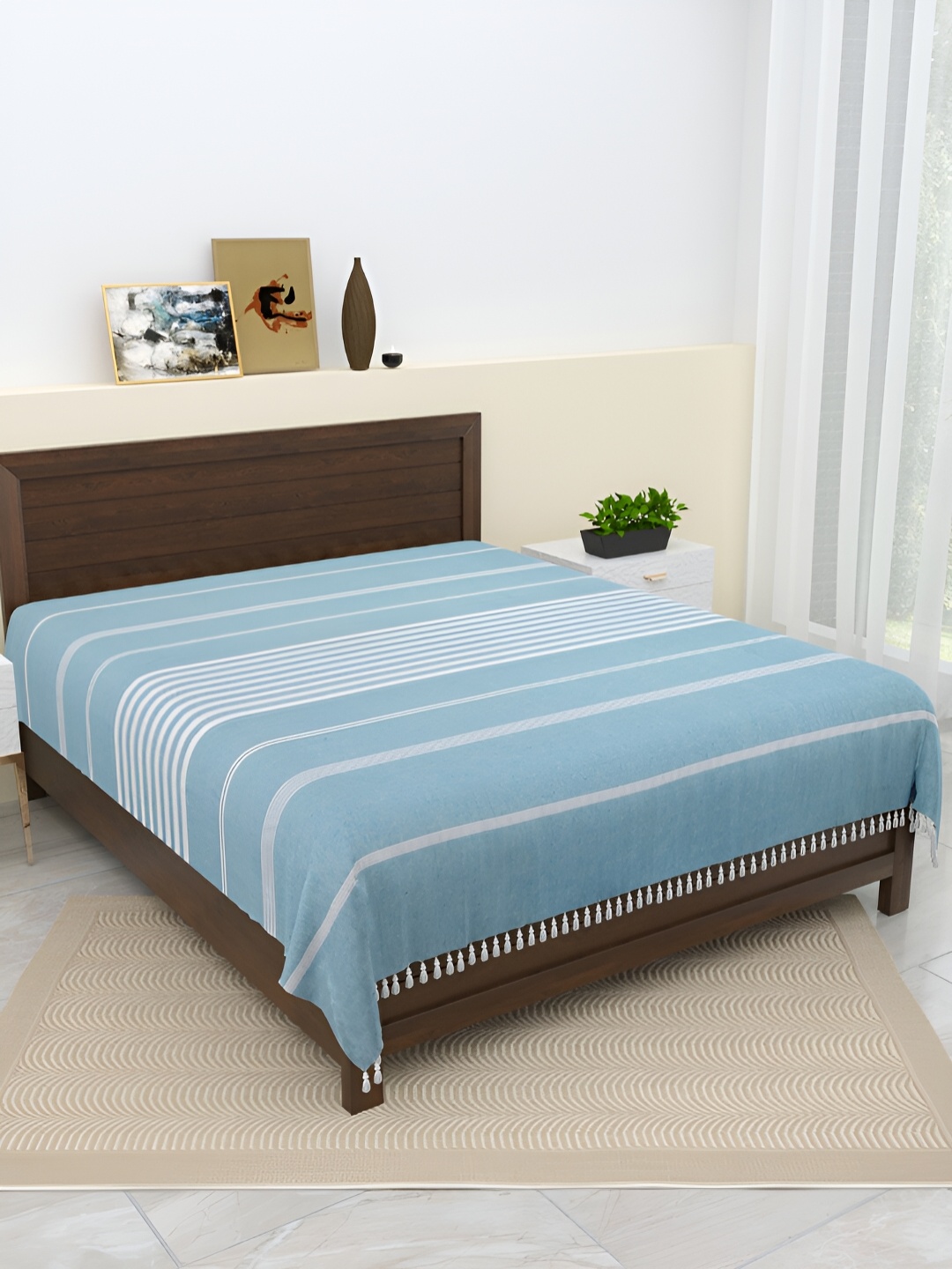 

Homez Sparrow Blue & White Striped Cotton 210 TC King Bedsheet