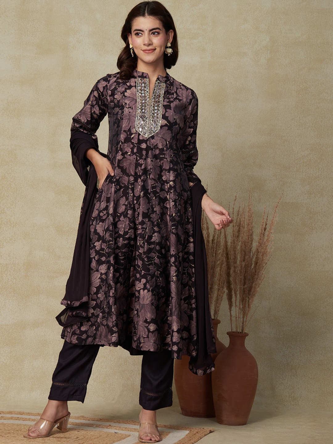 

FASHOR Mauve Floral Printed Anarkali Kurta & Trousers With Dupatta