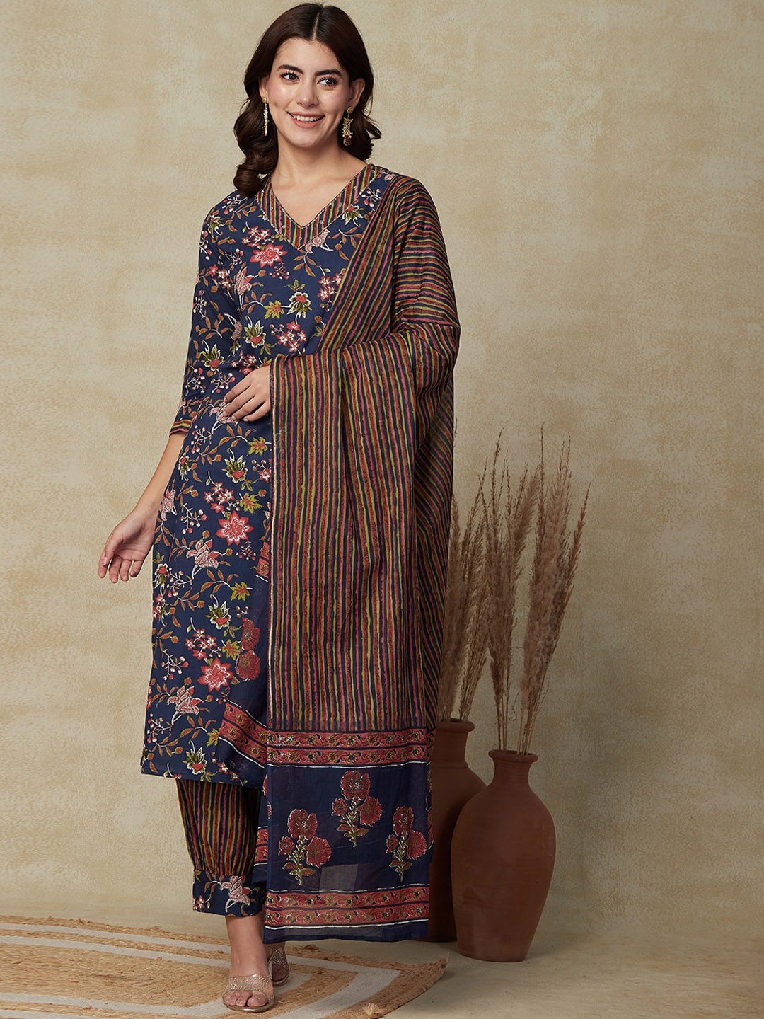 

FASHOR Floral Printed Pure Cotton Regular Kurta with Salwar & With Dupatta, Blue