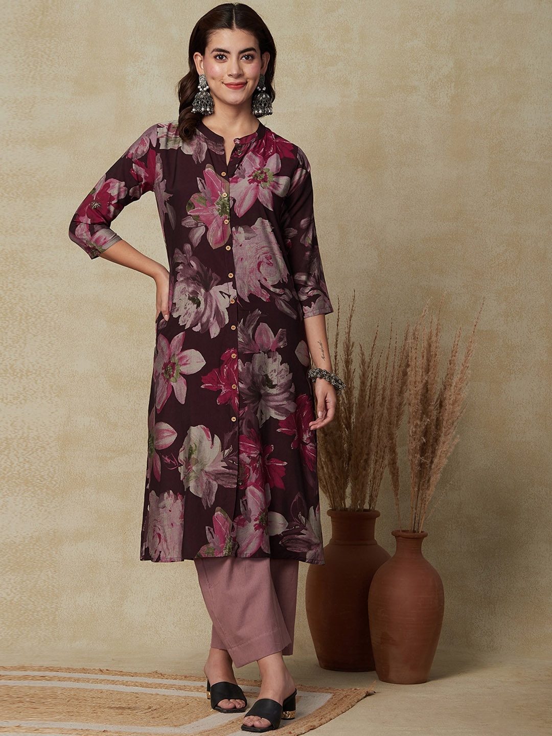 

FASHOR Floral Printed Silk Straight Kurta, Purple