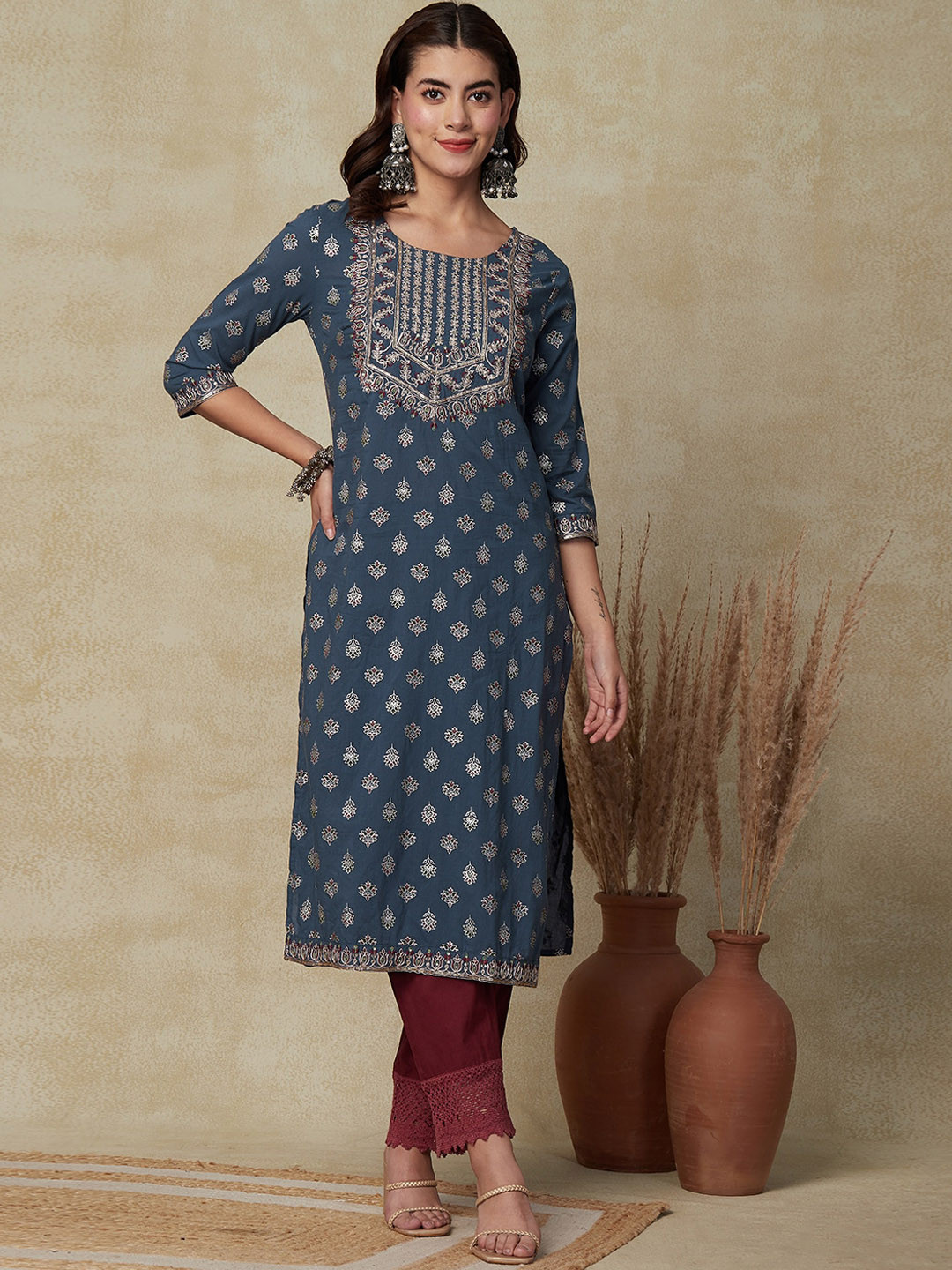 

FASHOR Ethnic Motifs Printed Sequinned Cotton Kurta, Blue