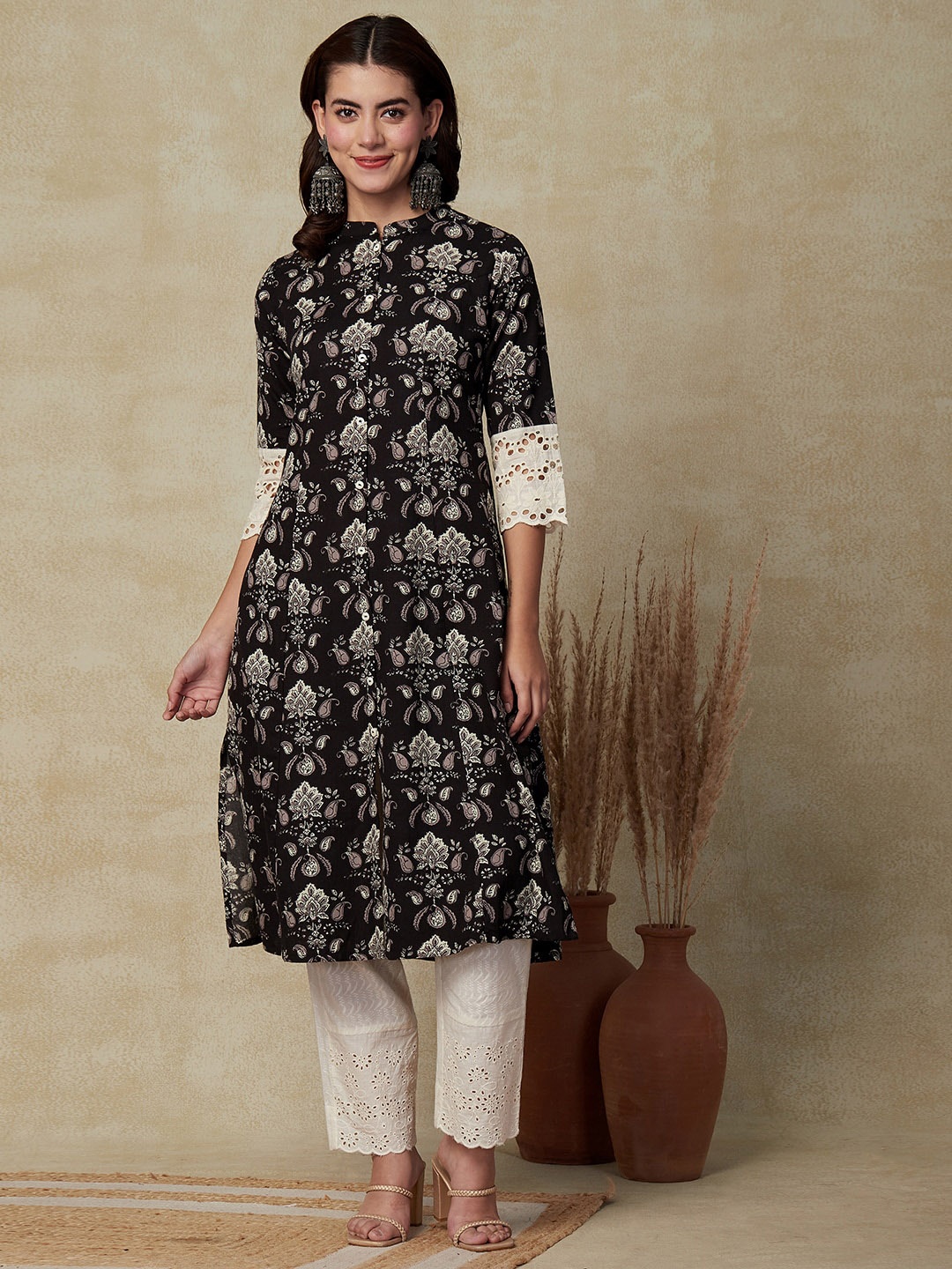 

FASHOR Ethnic Motifs Printed Mandarin Collar A-Line Cotton Kurta, Black