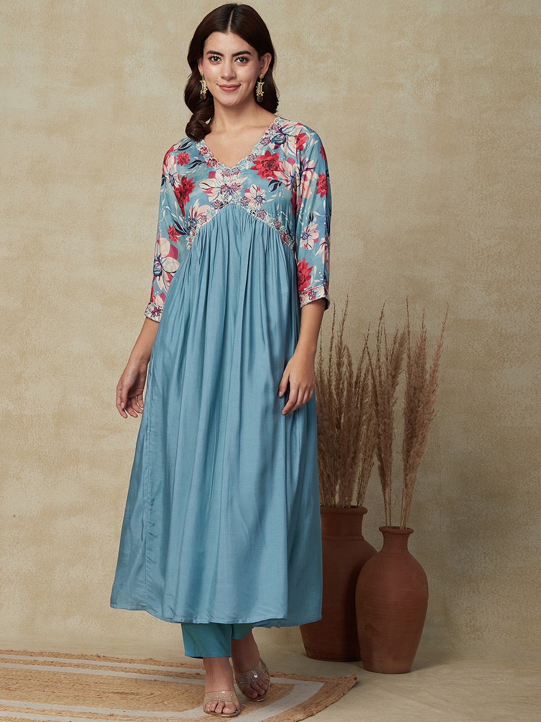 

FASHOR Floral Printed Empire Kurta with Trousers & Dupatta, Blue
