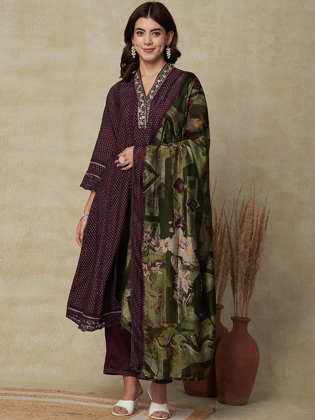 

FASHOR Polka Dots Printed Panelled Thread Work Kurta with Trousers & Dupatta, Burgundy