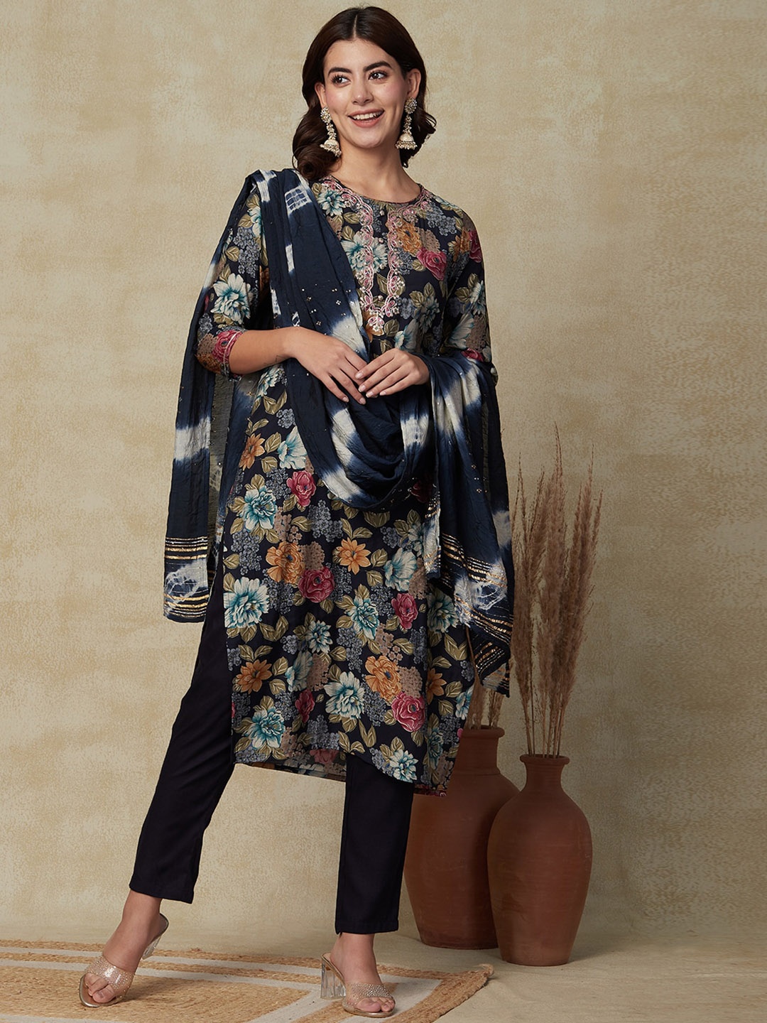

FASHOR Floral Printed Regular Mirror Work Kurta with Trousers & Dupatta, Navy blue