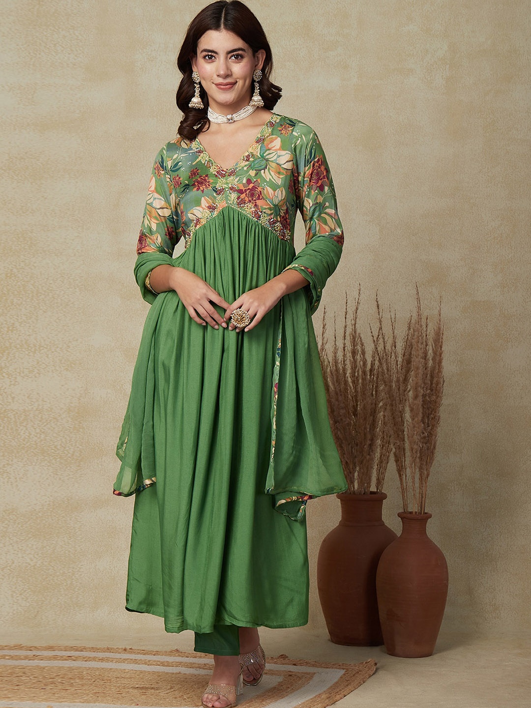 

FASHOR Floral Printed Pleated Beads and Stones Kurta With Trousers & Dupatta, Green